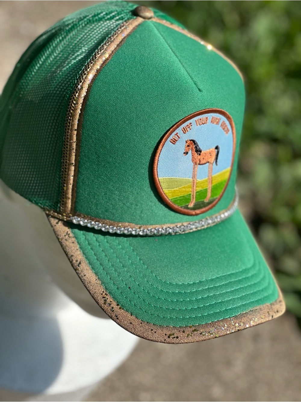 Green Get Off Your High Horse Trucker Hat with Glitter Trim Custom Made